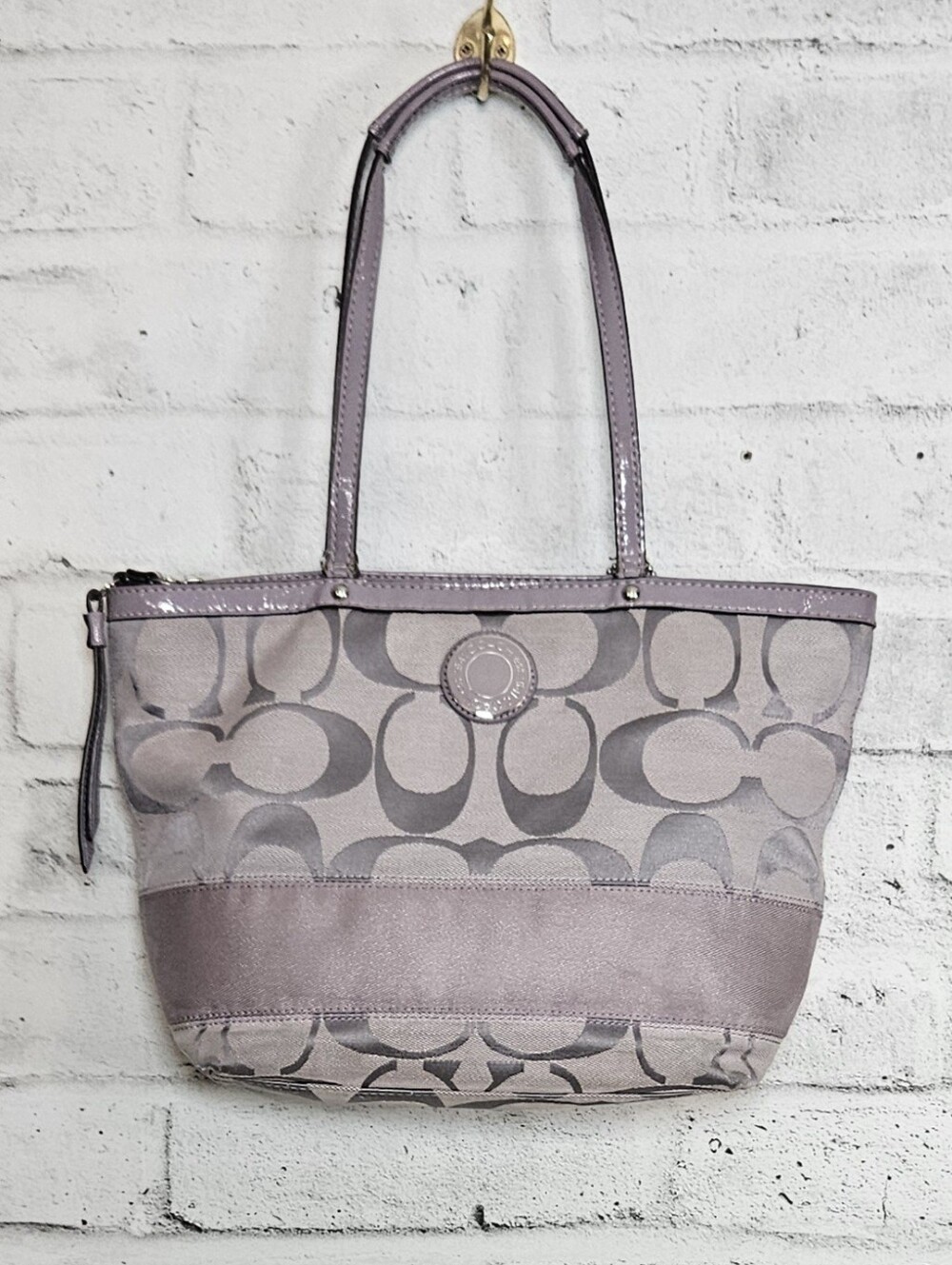 Coach Signature Jacquard Purple Patent Leather Tote Shoulder Bag A1275